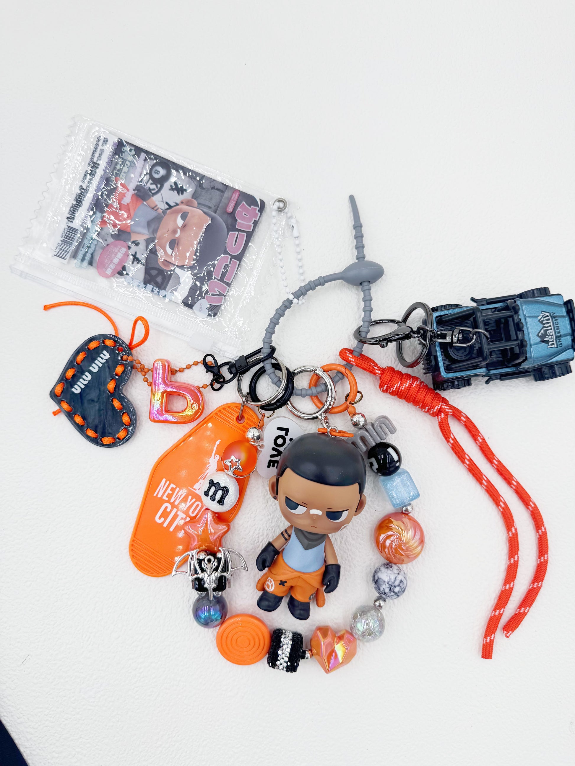 Handmade Kubo beaded bag charm and keychain rhinestone accents