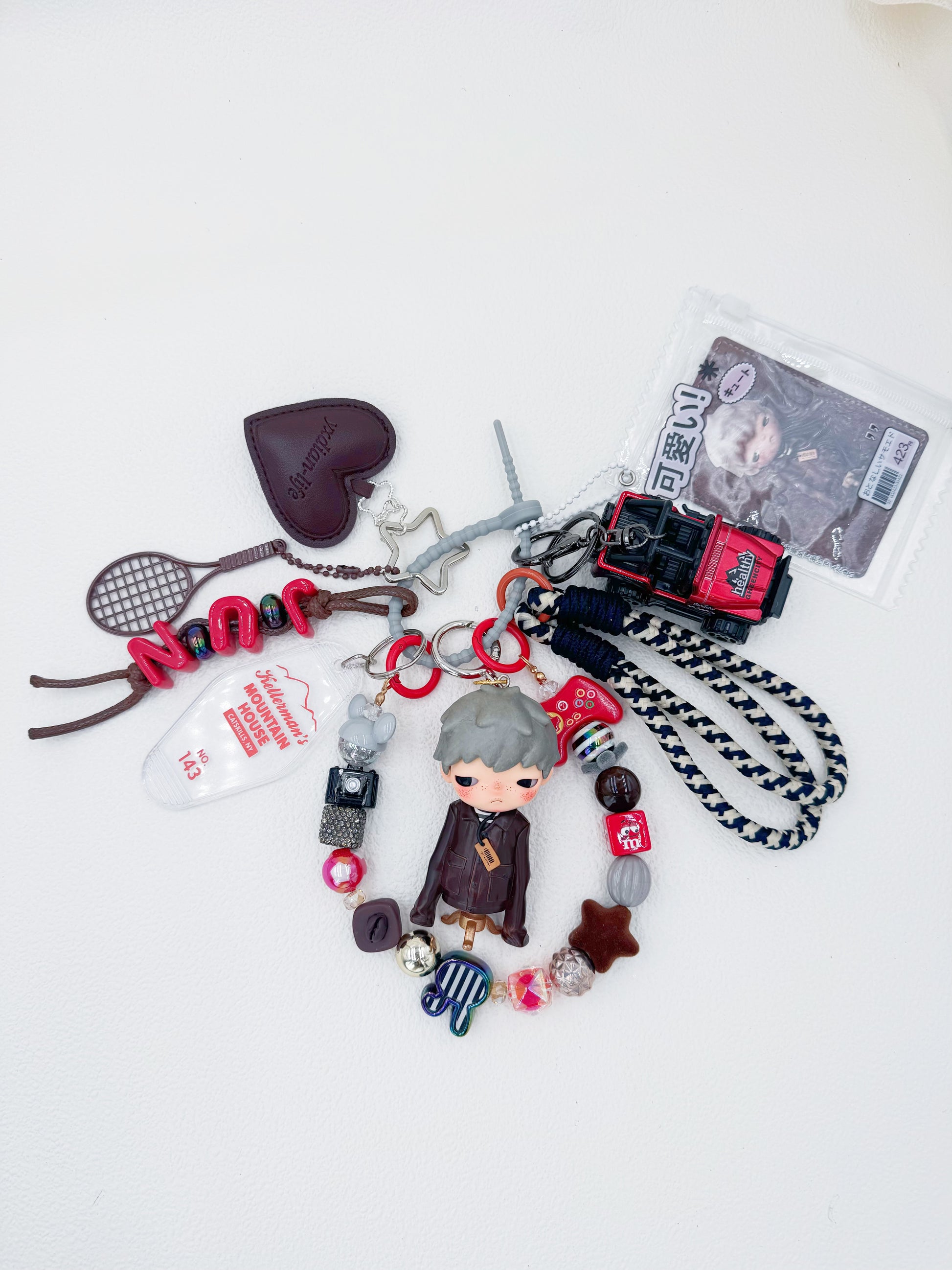 Handmade POP MART Hirono beaded bag charm and keychain rhinestone accents
