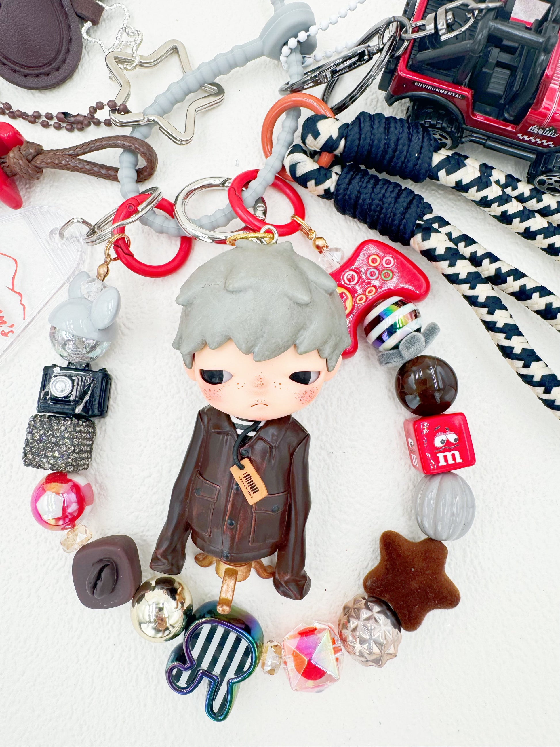 Handmade POP MART Hirono beaded bag charm and keychain rhinestone accents
