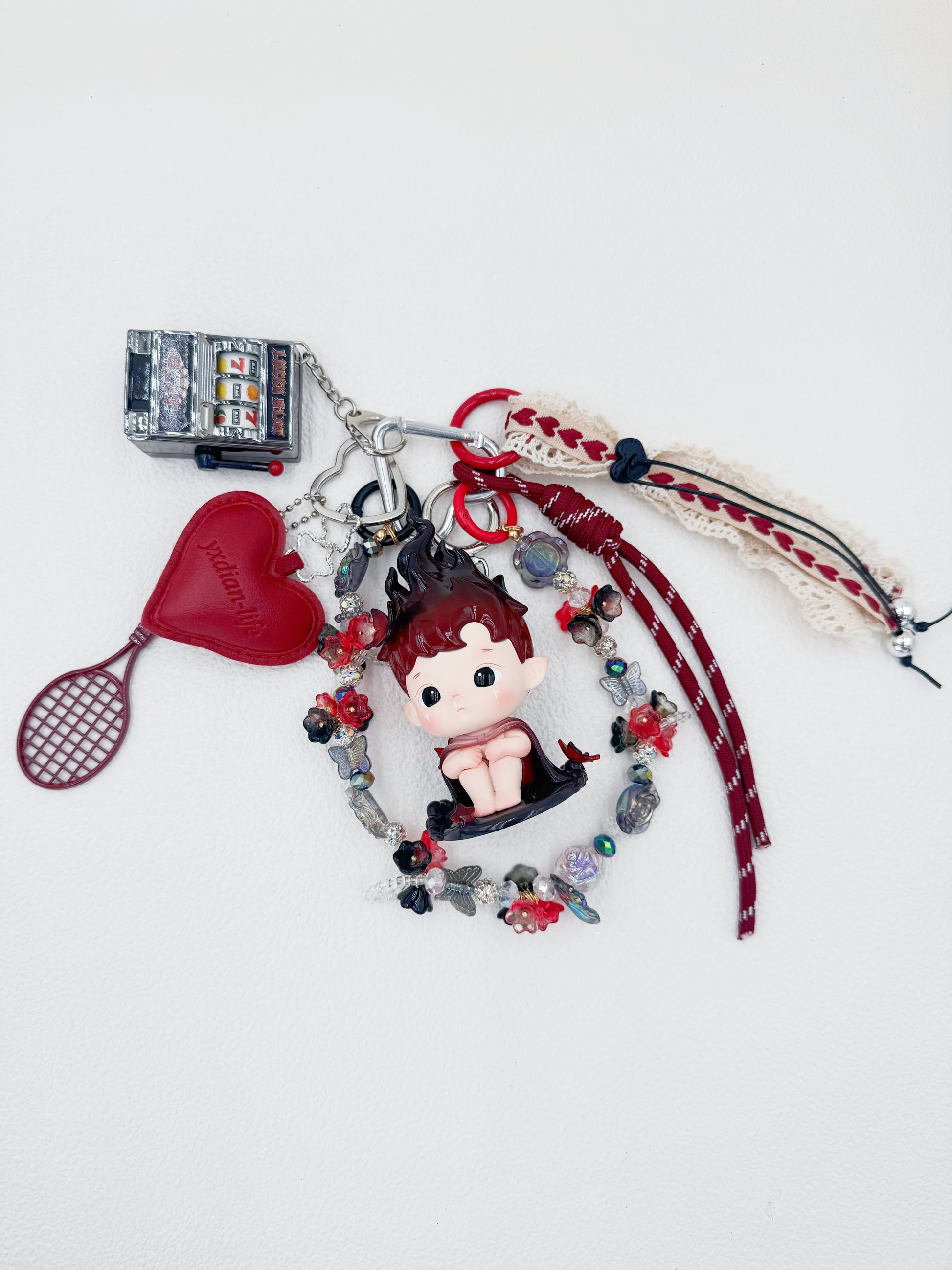 Handmade POP MART Hachipupu beaded bag charm and keychain rhinestone accents