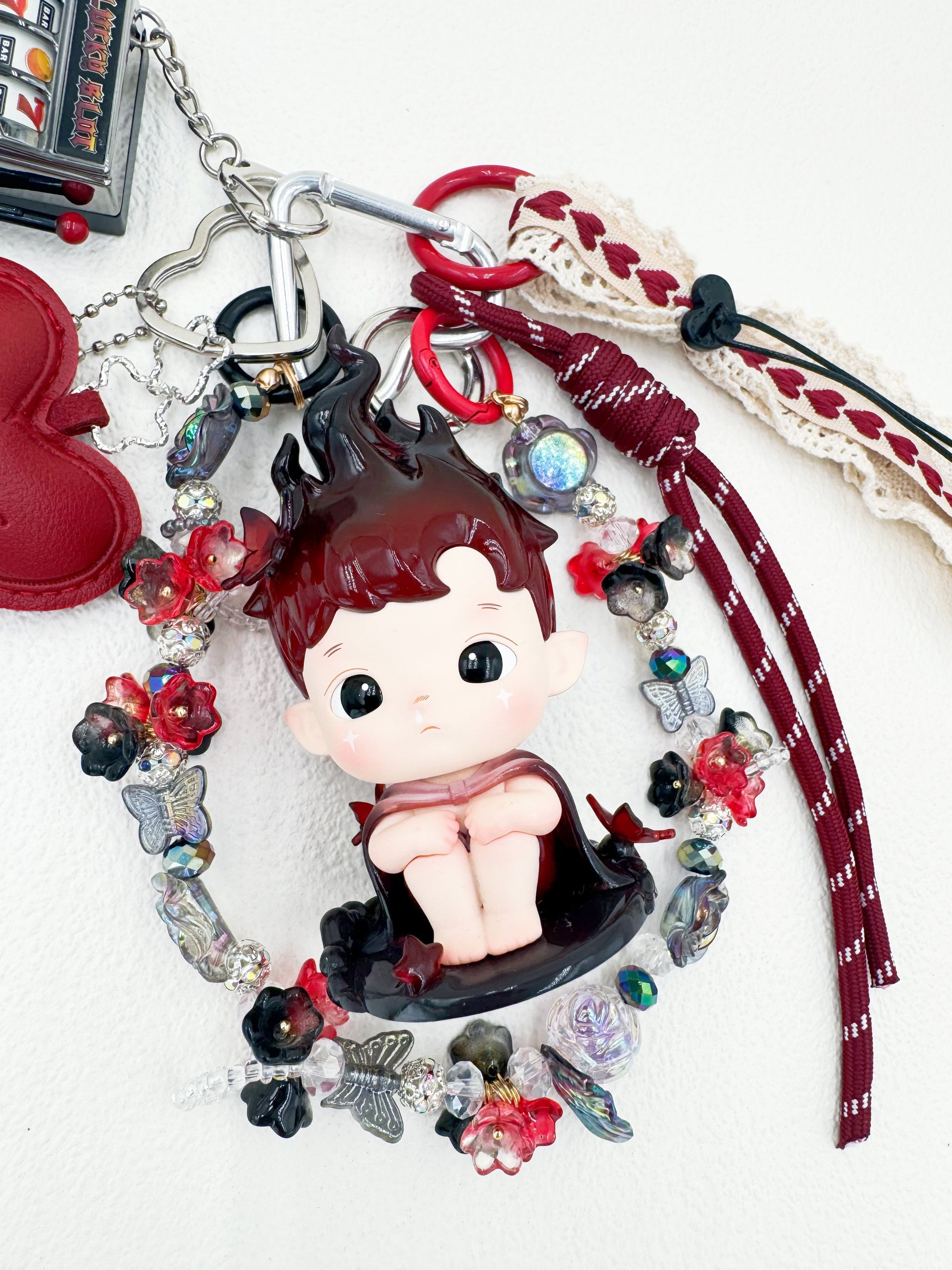 Handmade POP MART Hachipupu beaded bag charm and keychain rhinestone accents
