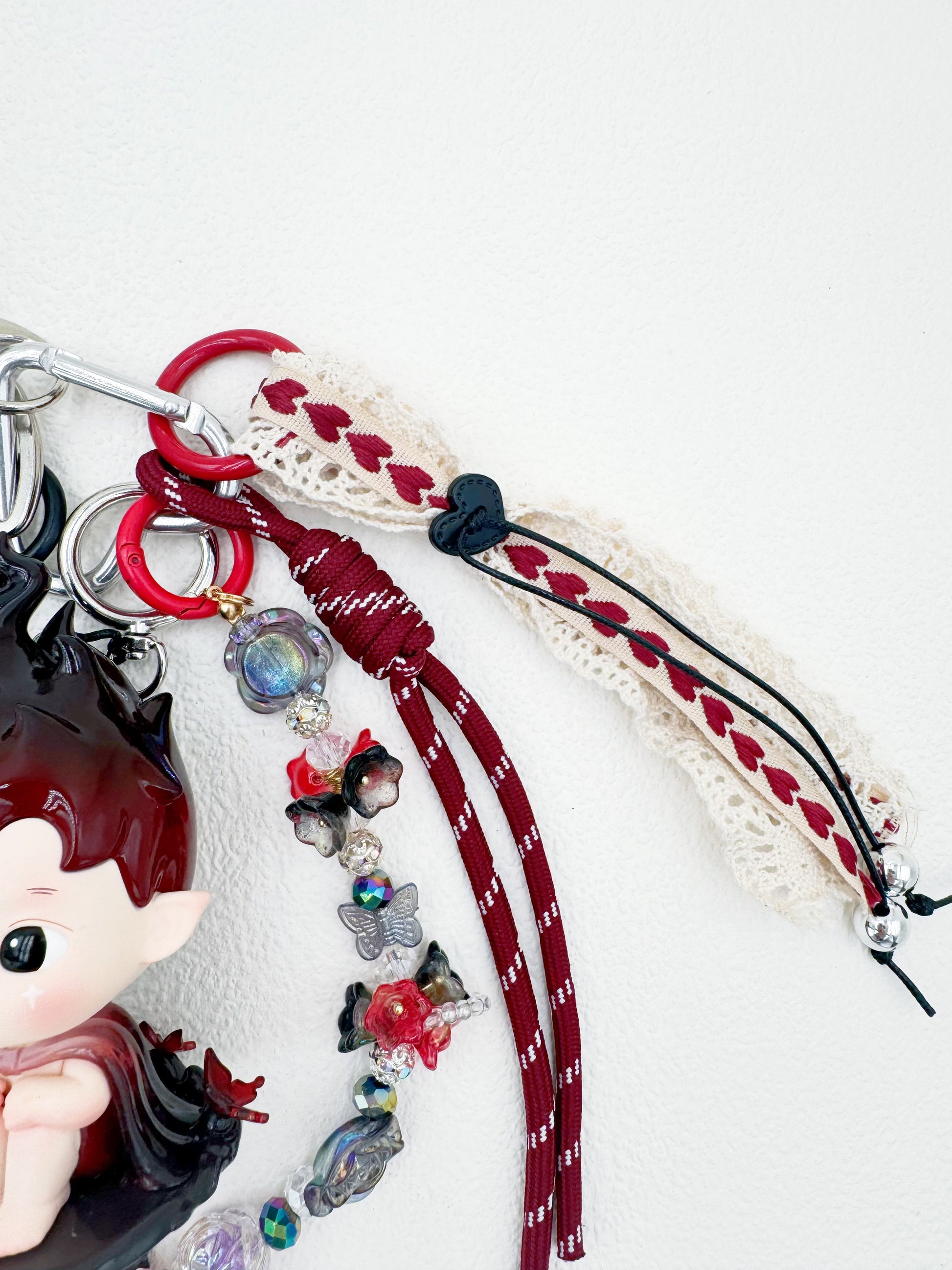 Handmade POP MART Hachipupu beaded bag charm and keychain rhinestone accents