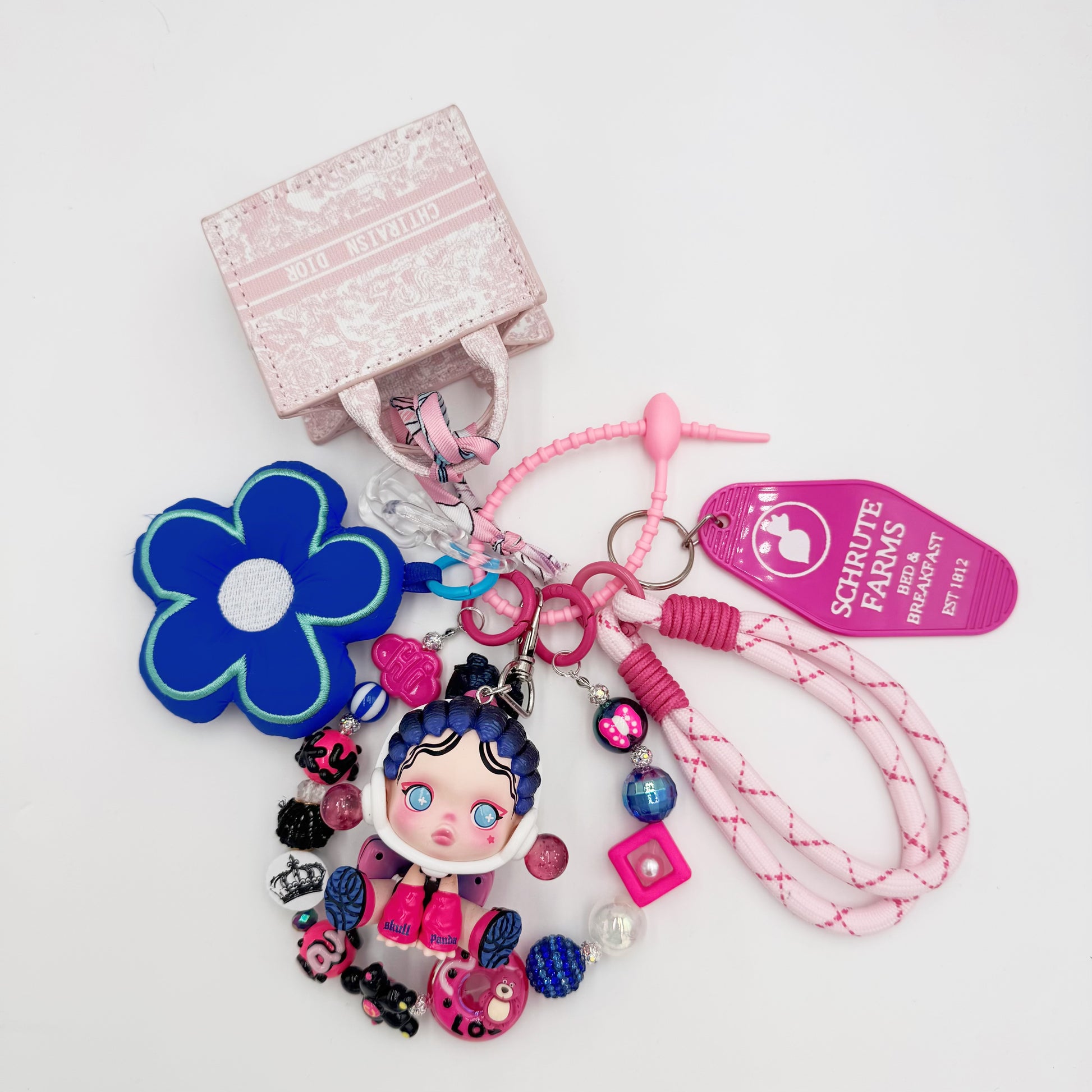 Authentic handmade Skullpanda beaded bag charm and keychain rhinestone accents