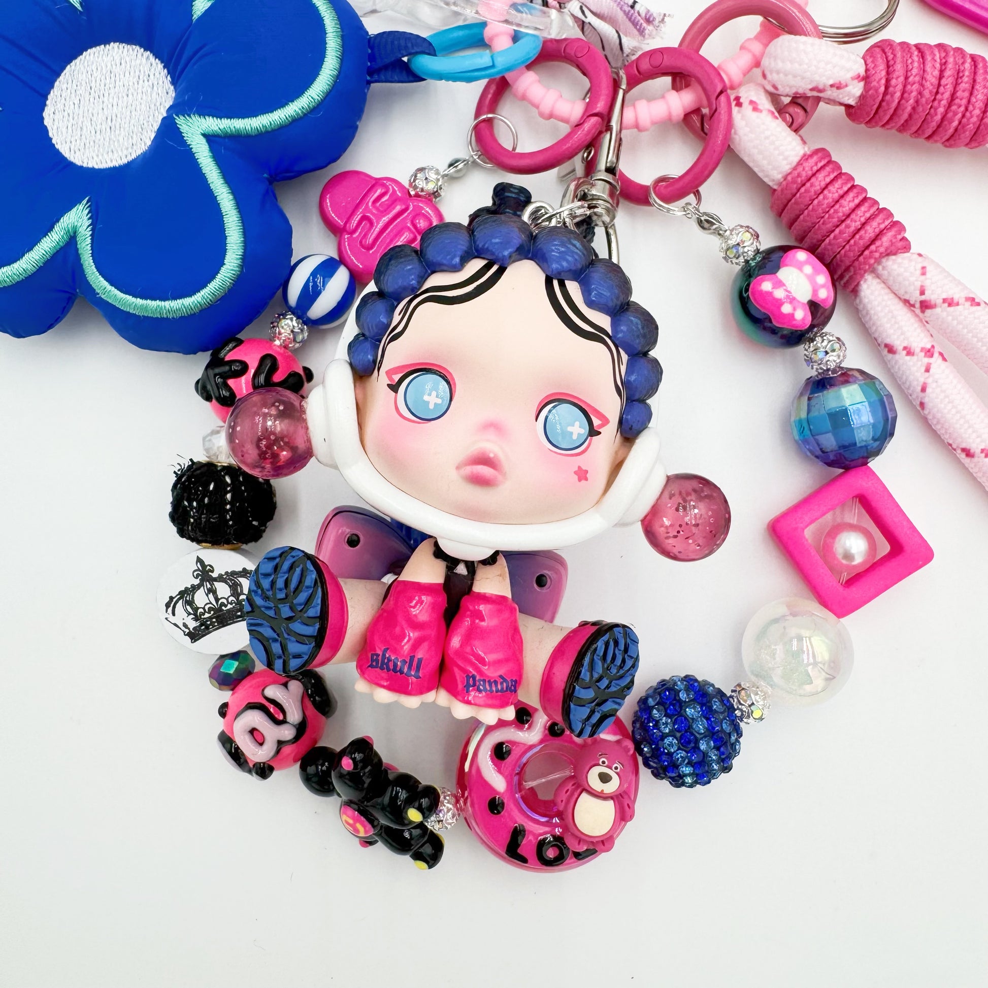 Authentic handmade Skullpanda beaded bag charm and keychain rhinestone accents