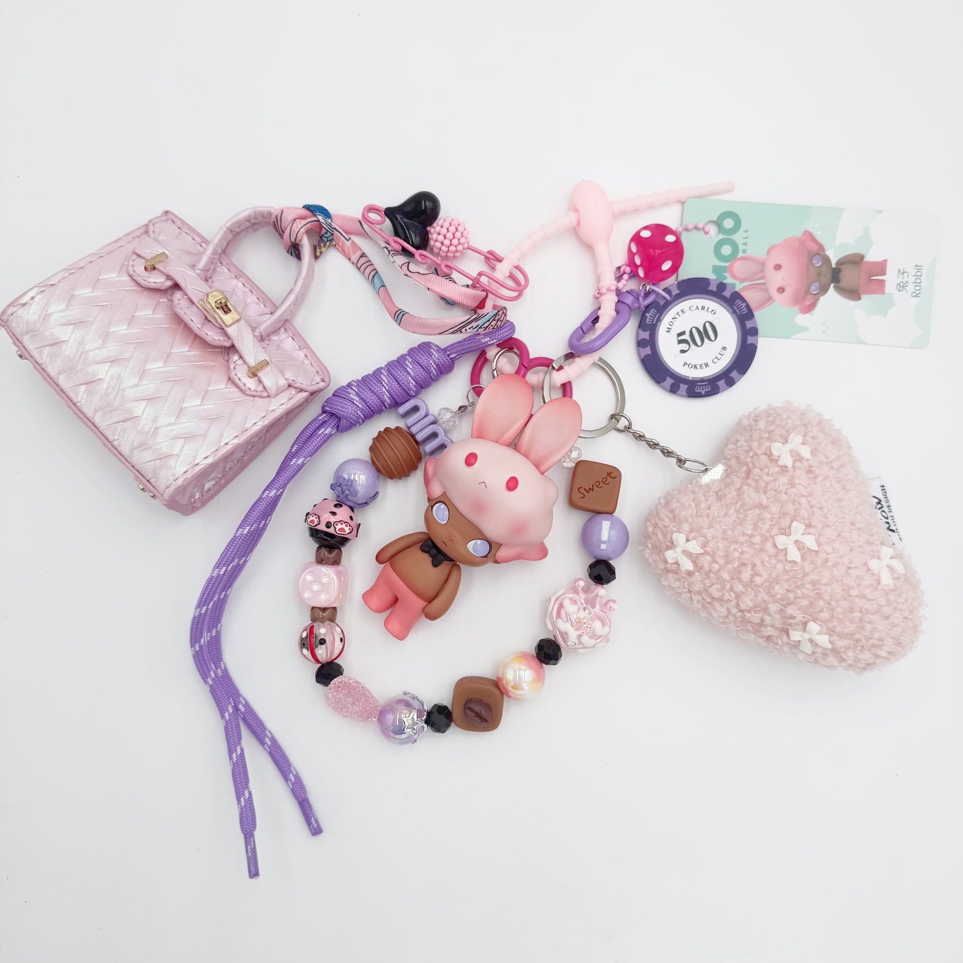 handmade Authentic Dimoo beaded bag charm and keychain rhinestone accents