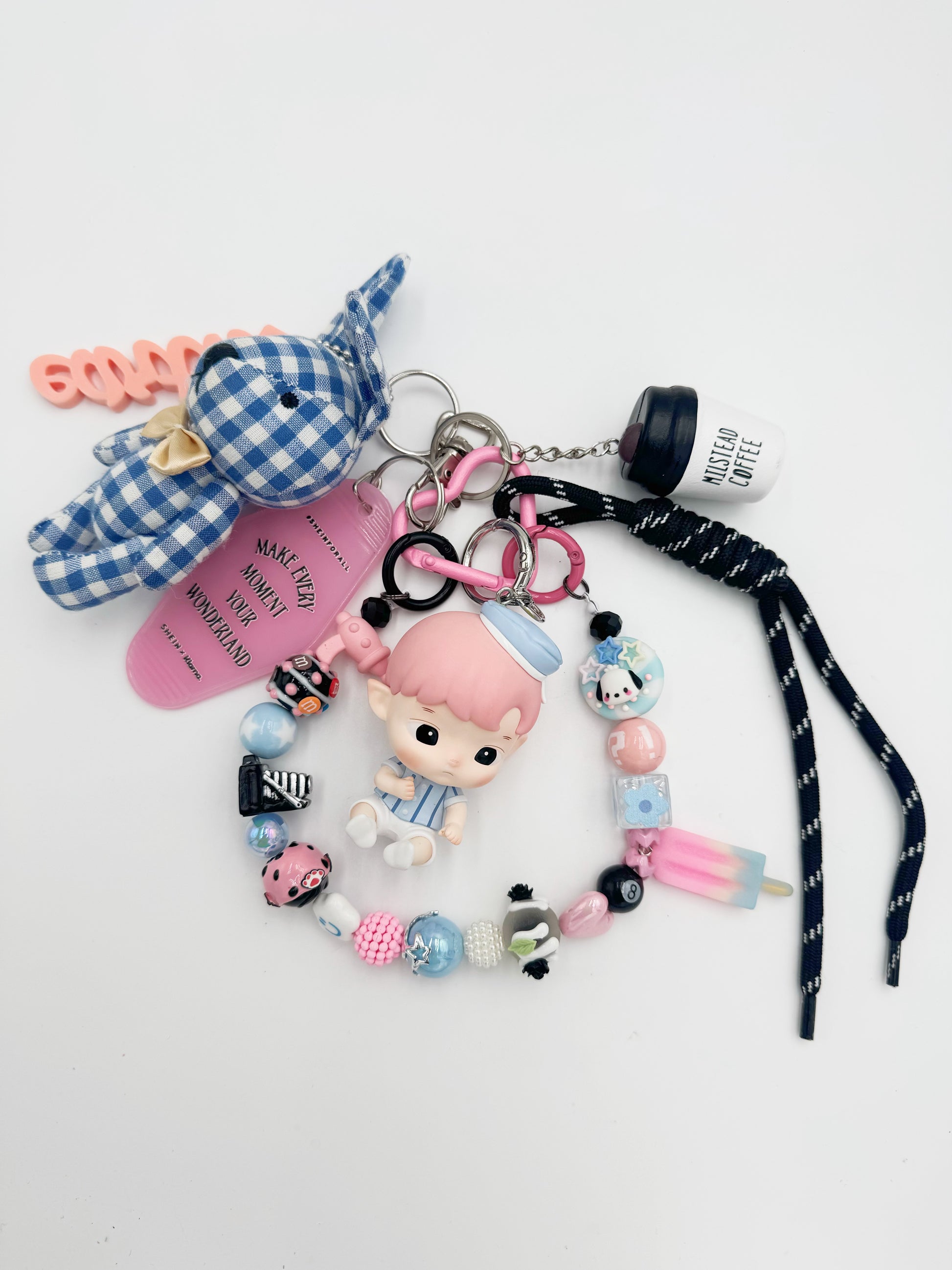 Handmade POP MART Hachipupu beaded bag charm and keychain rhinestone accents