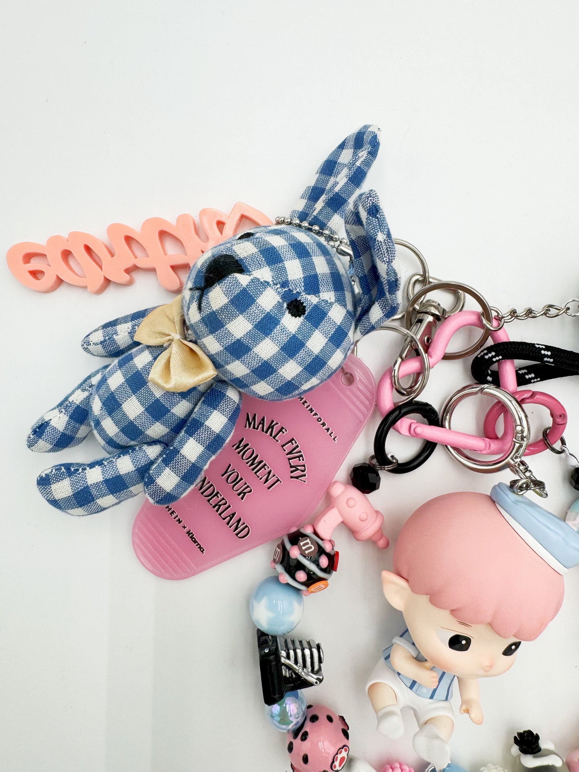 Handmade POP MART Hachipupu beaded bag charm and keychain rhinestone accents