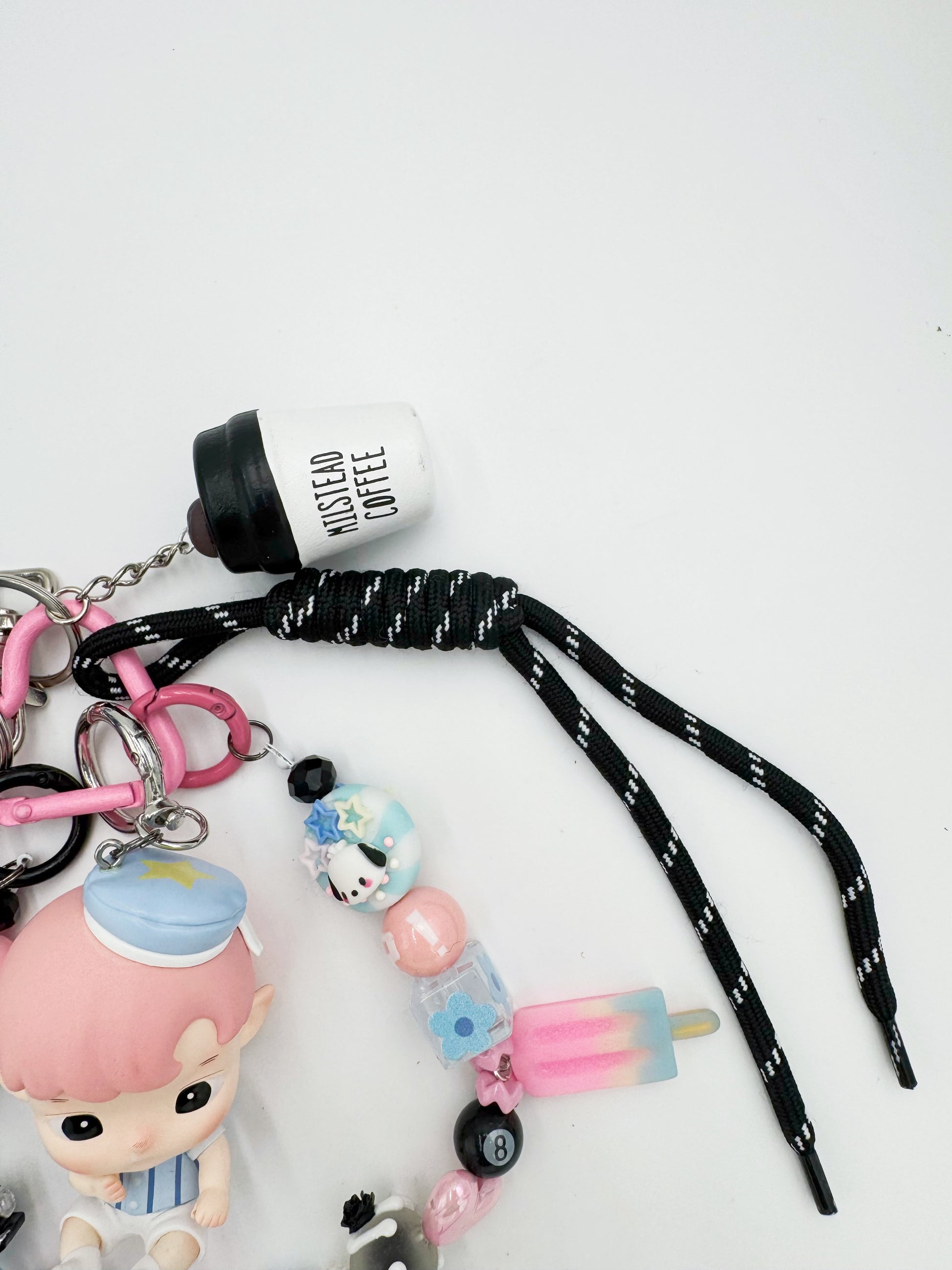 Handmade POP MART Hachipupu beaded bag charm and keychain rhinestone accents