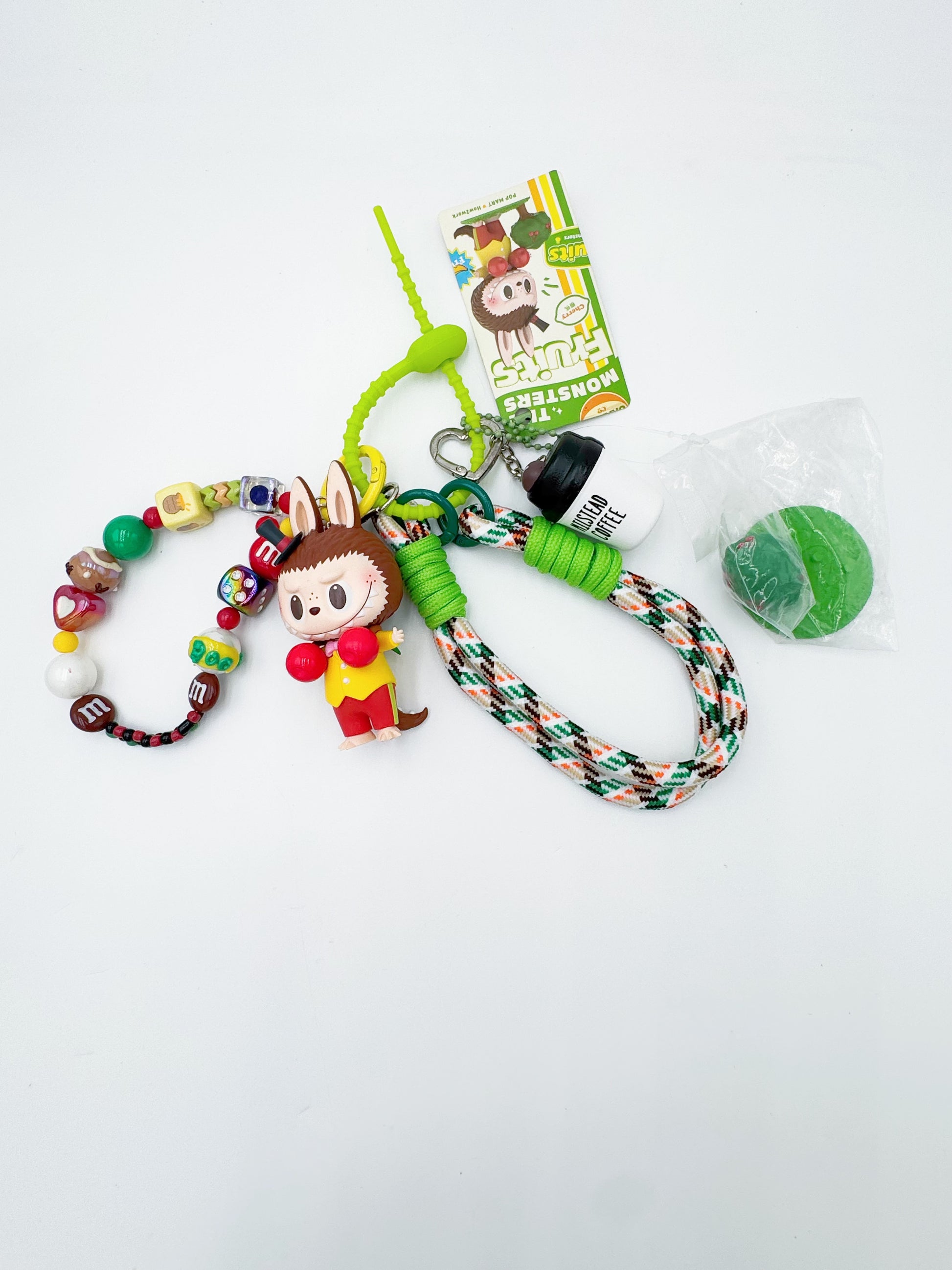 Handmade Authentic POP MART Labubu beaded bag charm and keychain rhinestone accents