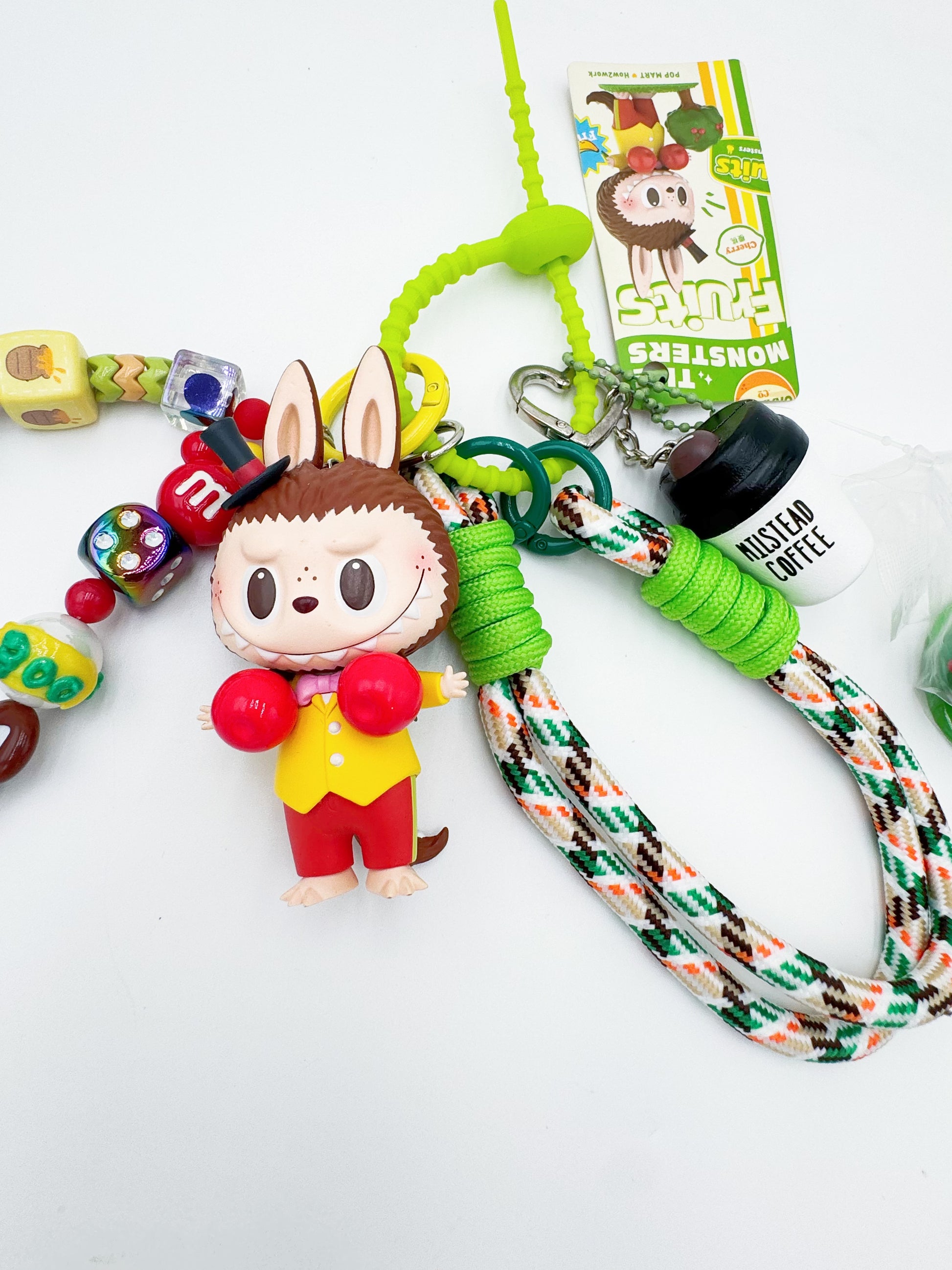 Handmade Authentic POP MART Labubu beaded bag charm and keychain rhinestone accents
