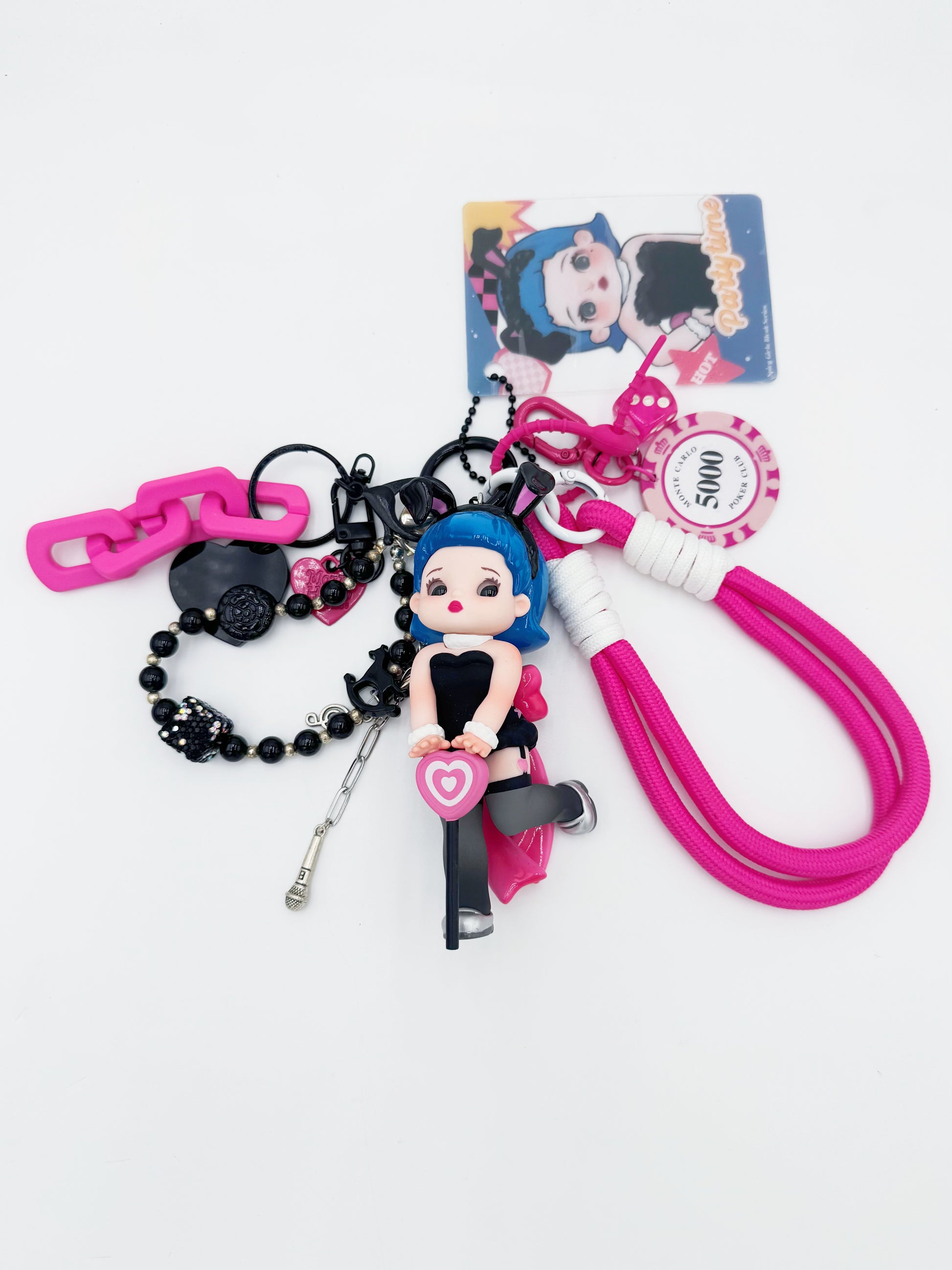 Handmade POP MART Hot Girl beaded bag charm and keychain rhinestone accents