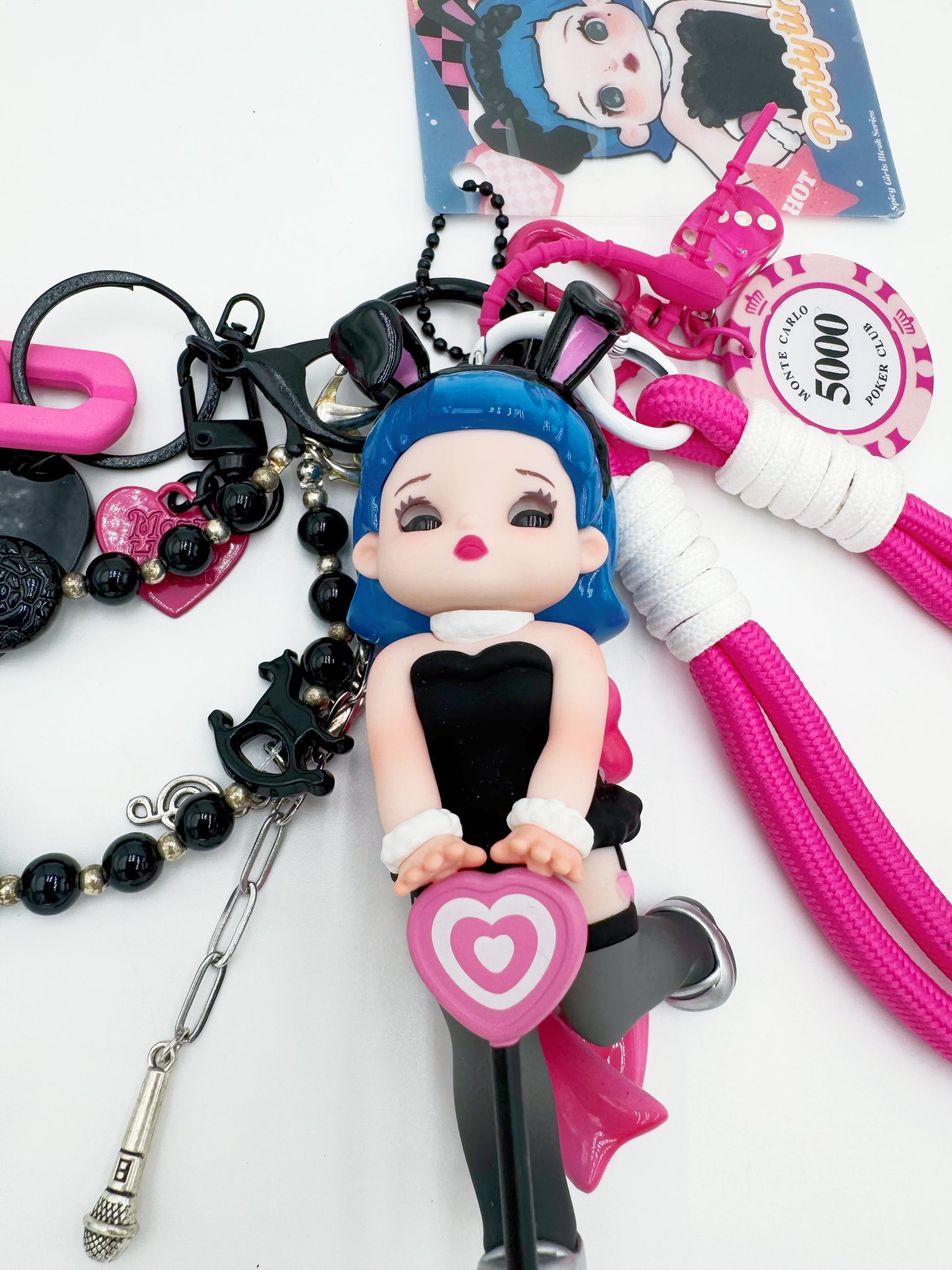 Handmade POP MART Hot Girl beaded bag charm and keychain rhinestone accents