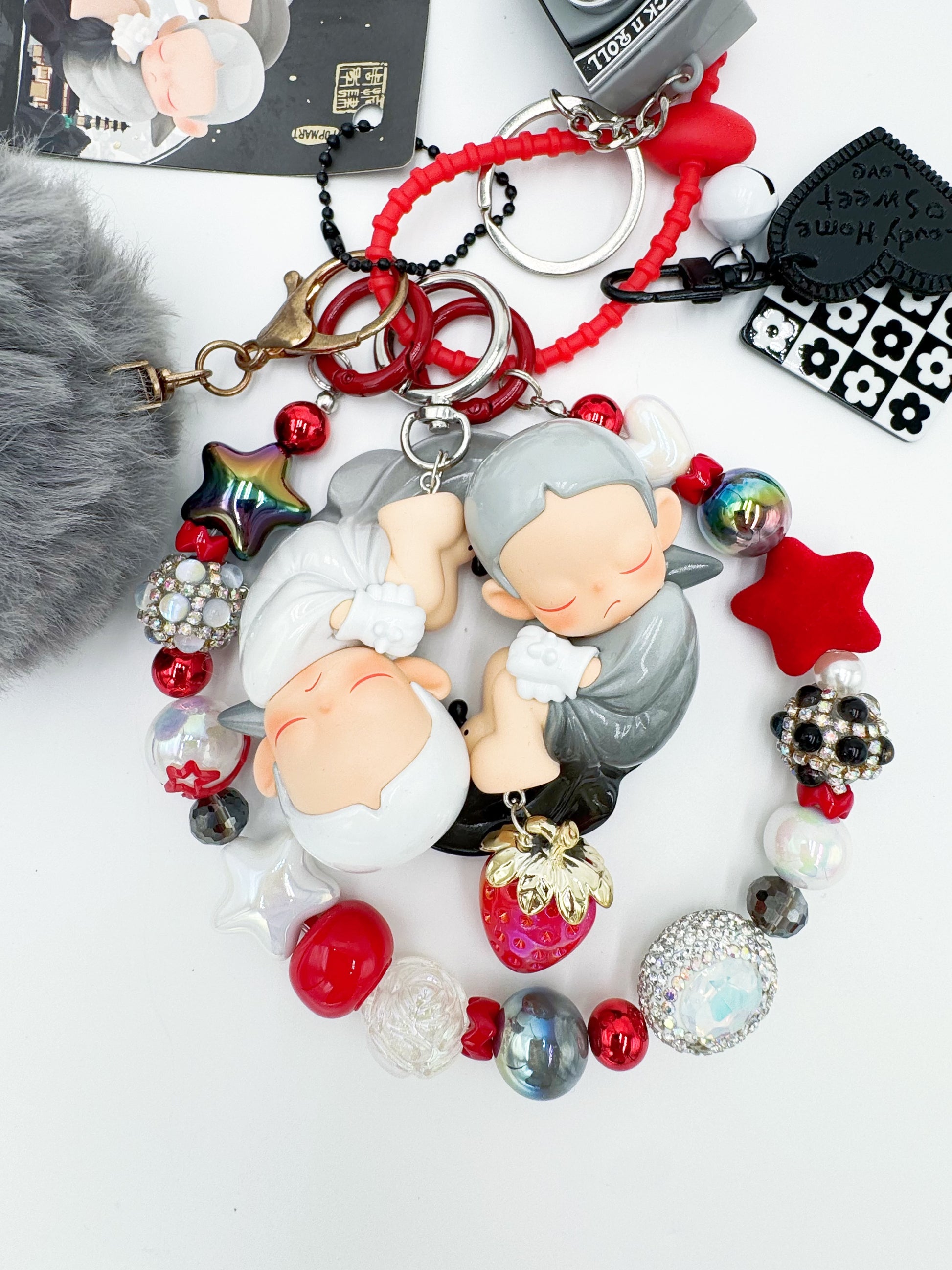 handmade Authentic POP MART Zisga Twins beaded bag charm and keychain rhinestone accents