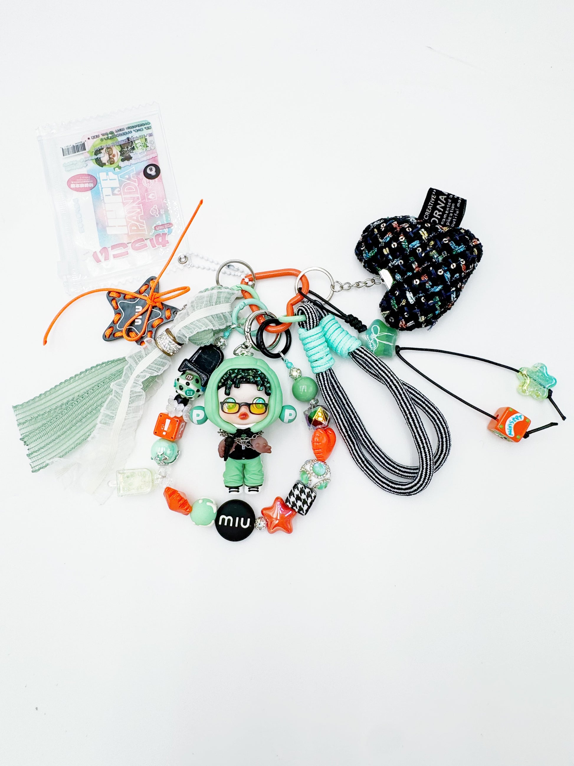 Handmade Authentic POP MART Skullpanda beaded bag charm and keychain rhinestone accents