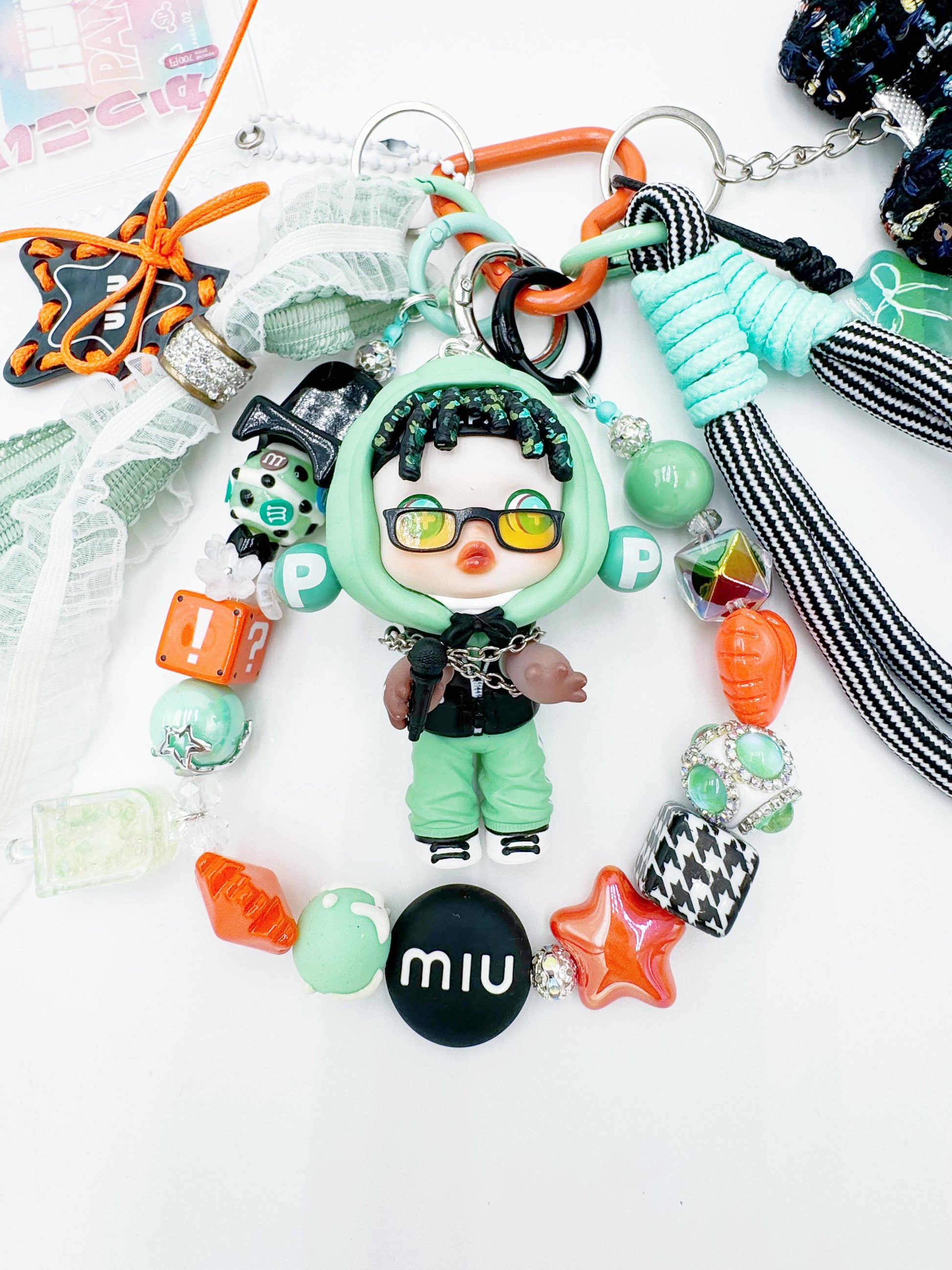 Handmade Authentic POP MART Skullpanda beaded bag charm and keychain rhinestone accents