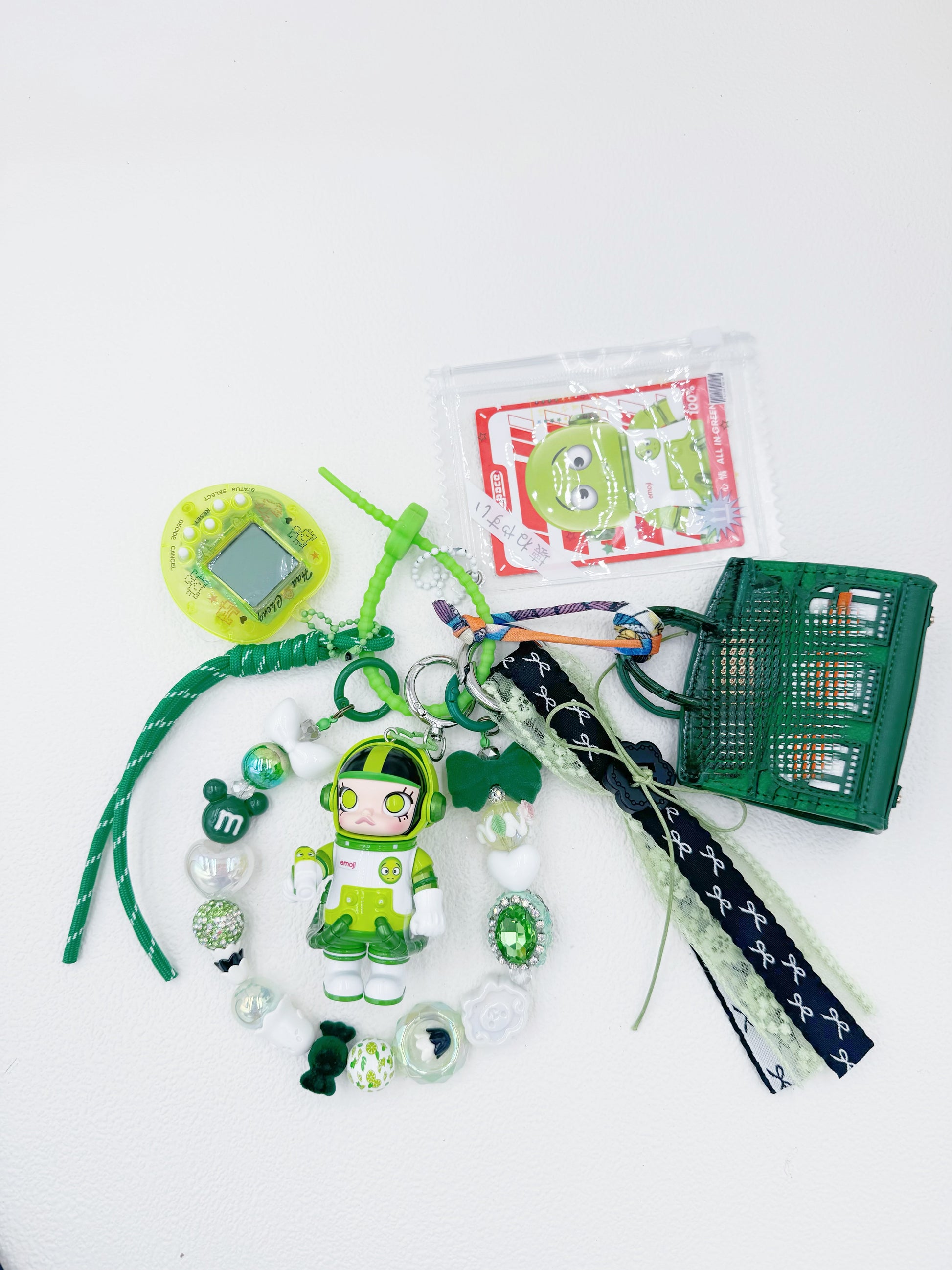 Handmade POP MART Molly Space beaded bag charm and keychain rhinestone accents