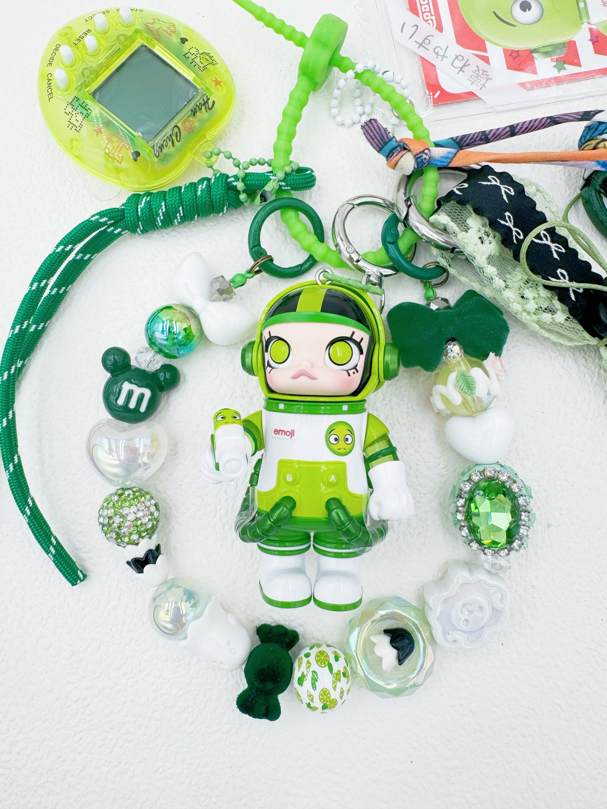 Handmade POP MART Molly Space beaded bag charm and keychain rhinestone accents