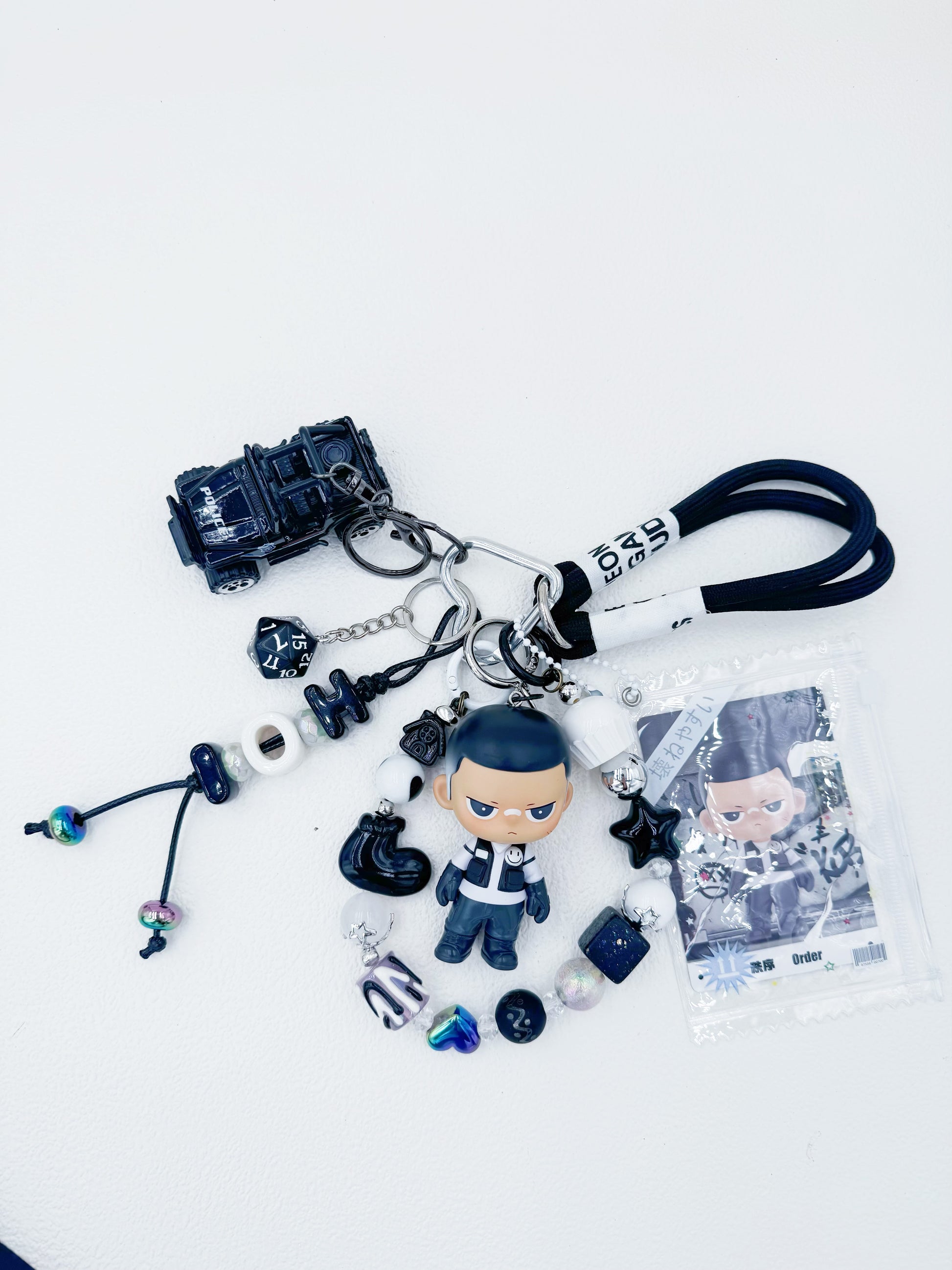 Handmade POP MART Kubo beaded bag charm and keychain rhinestone accents