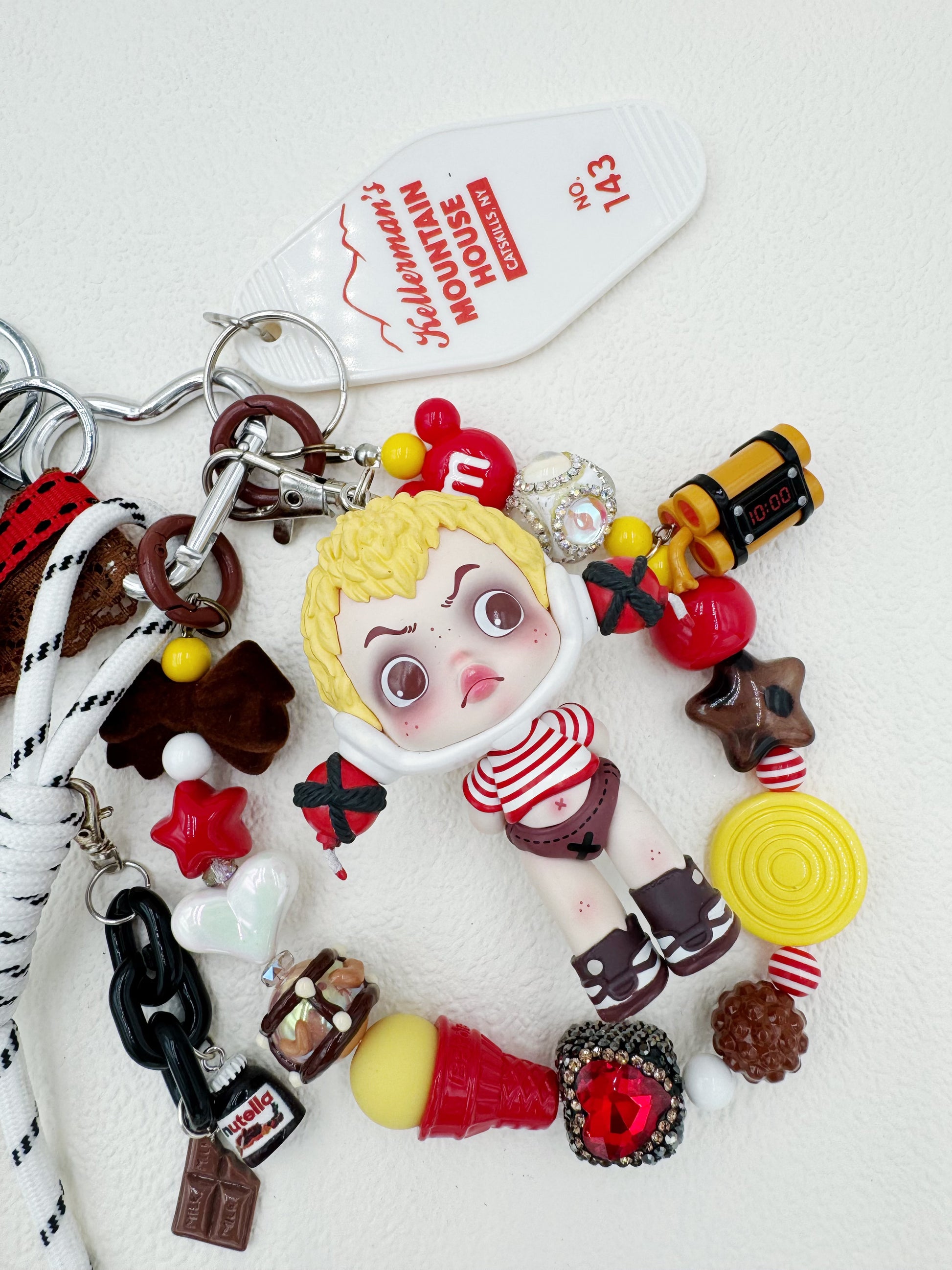 Handmade Skullpanda beaded bag charm and keychain rhinestone accents