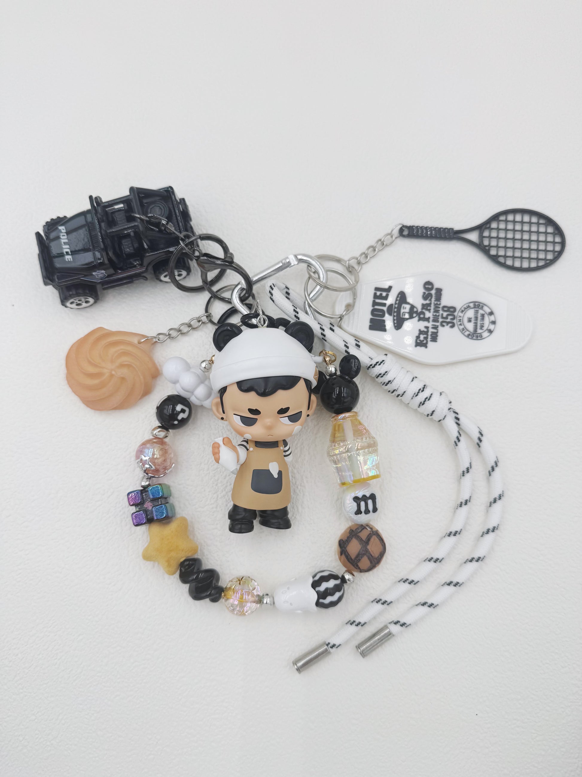 Handmade authentic Kubo beaded bag charm and keychain rhinestone accents