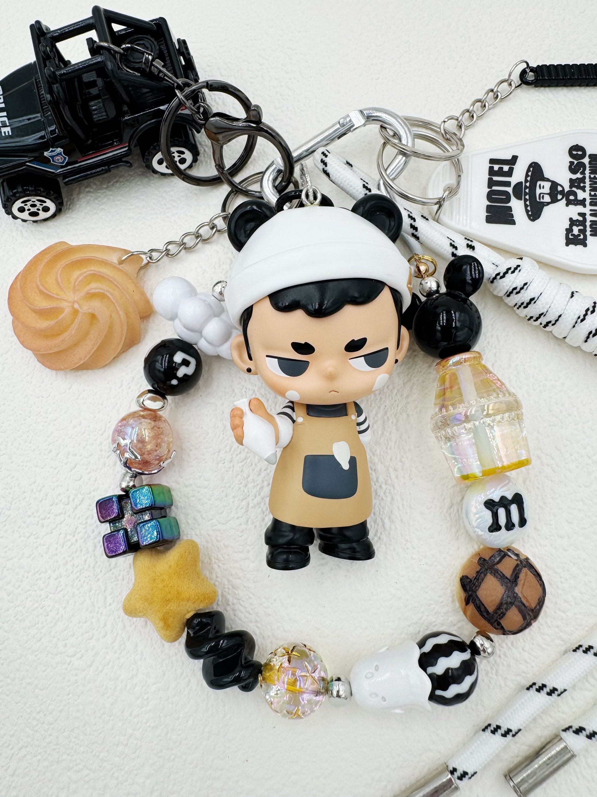 Handmade authentic Kubo beaded bag charm and keychain rhinestone accents