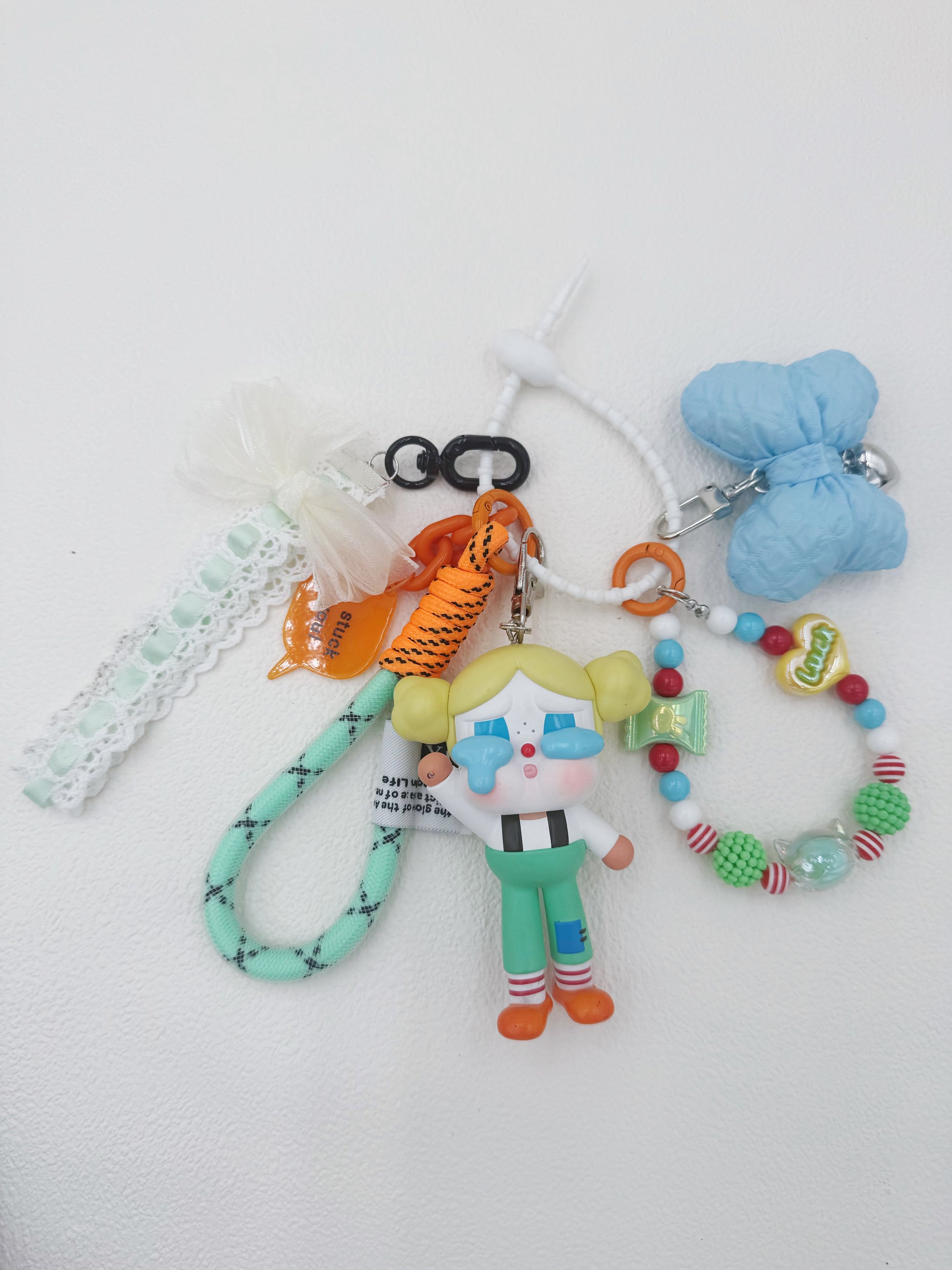 Handmade authentic Cry baby beaded bag charm and keychain rhinestone accents