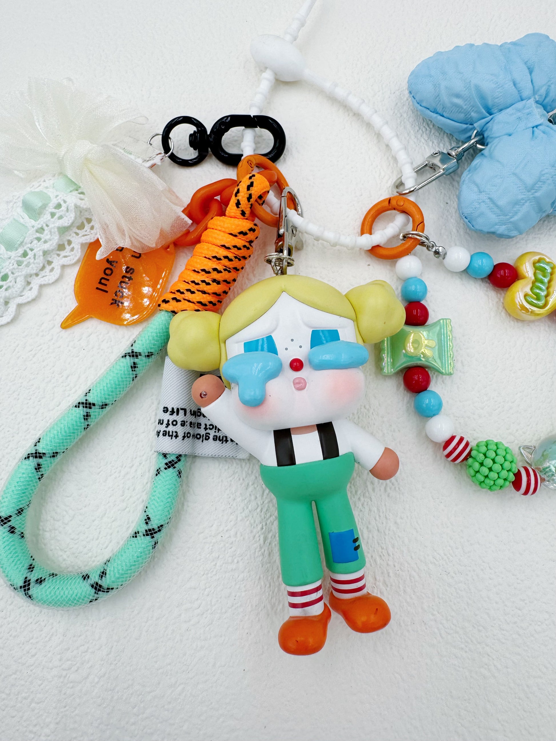 Handmade authentic Cry baby beaded bag charm and keychain rhinestone accents
