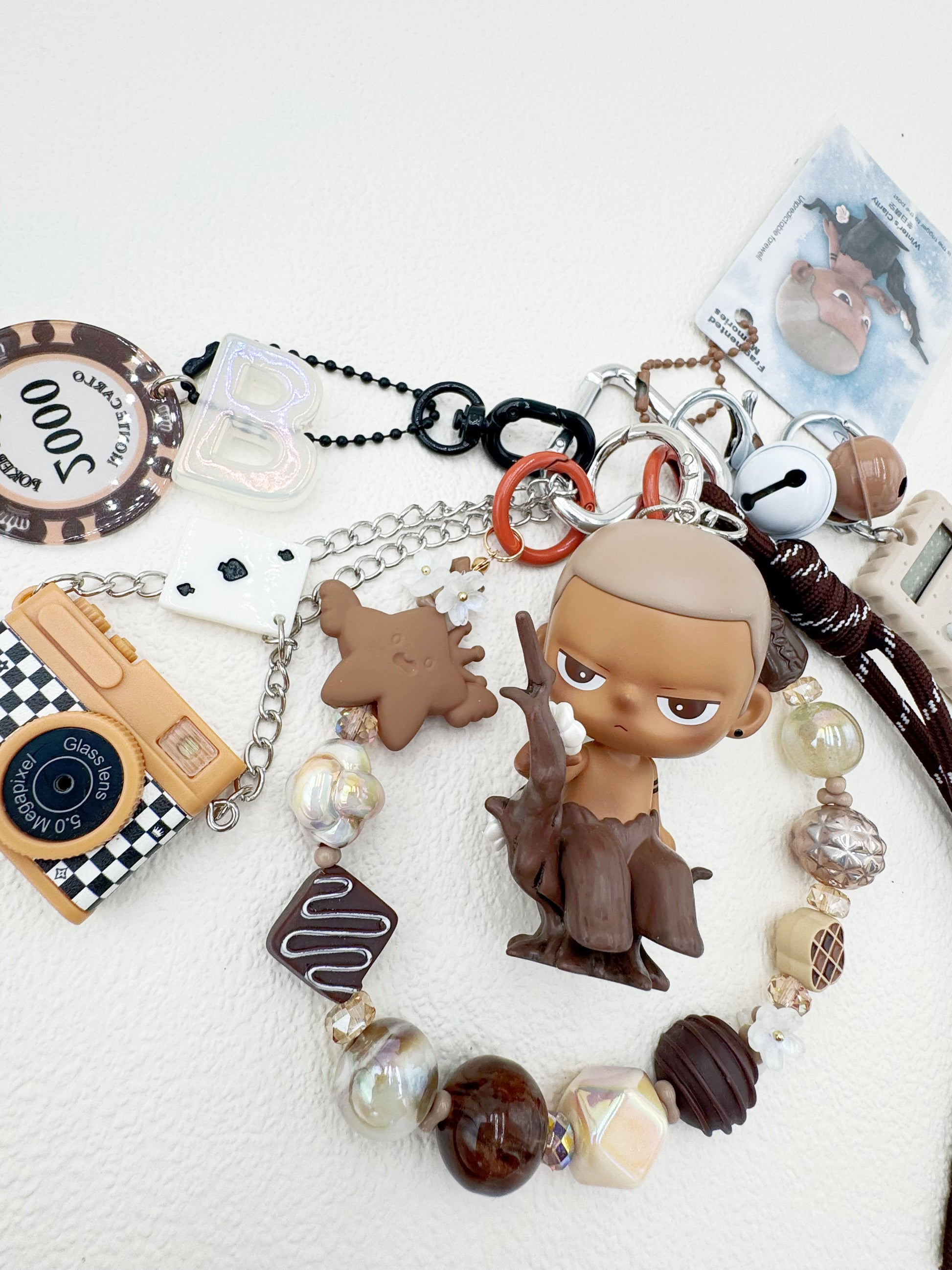 Handmade authentic Kubo beaded bag charm and keychain rhinestone accents