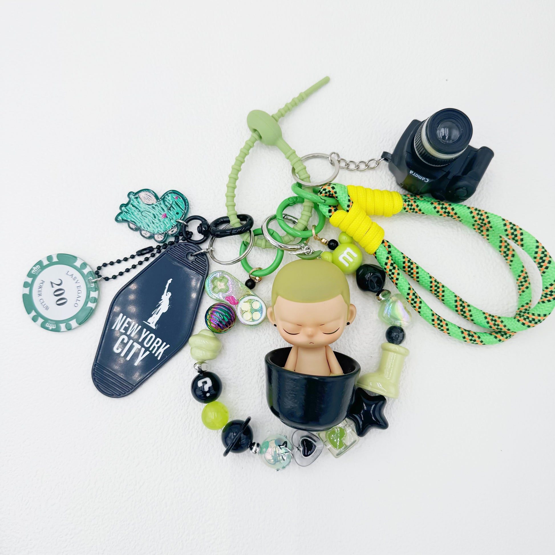 Handmade authentic Kubo beaded bag charm and keychain rhinestone accents