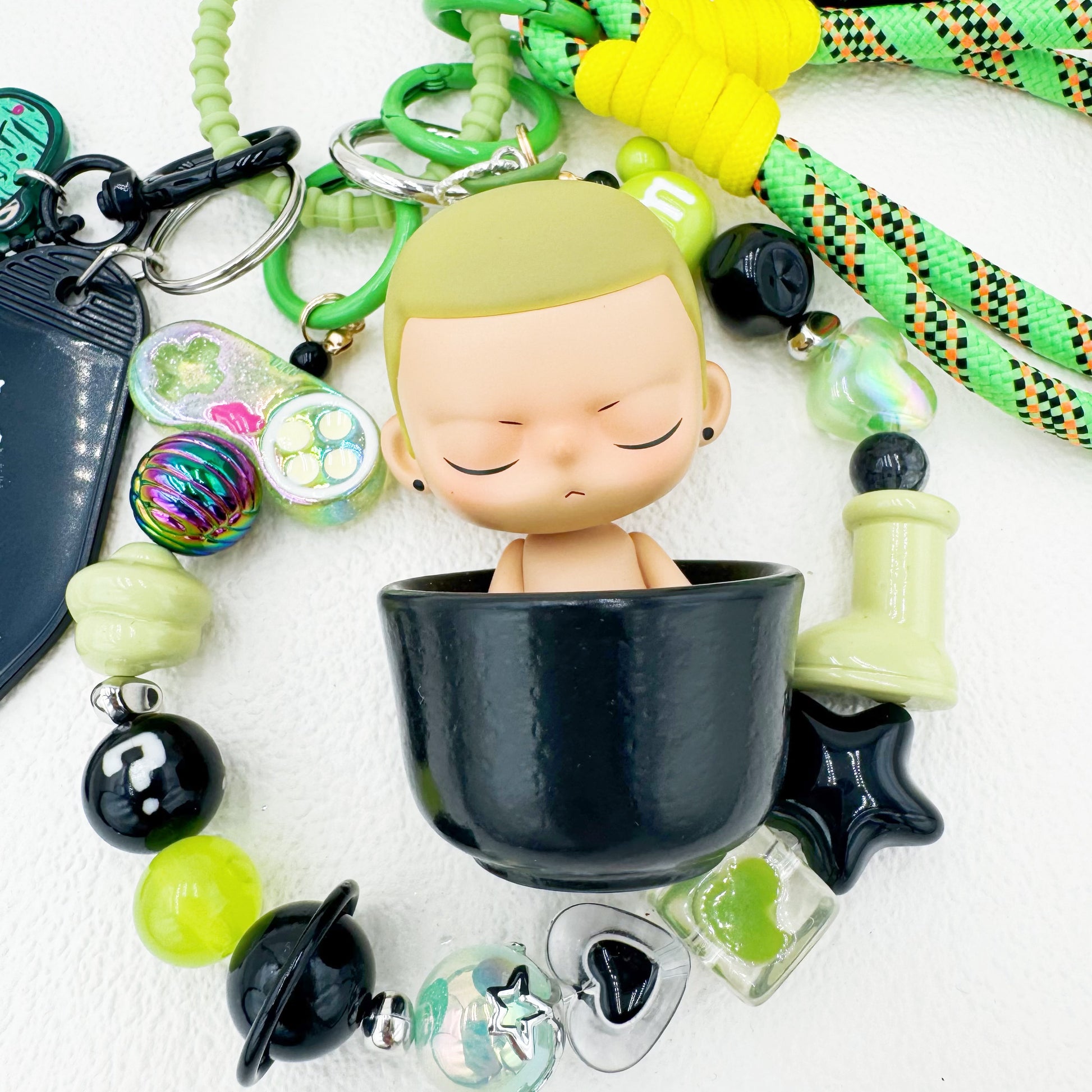 Handmade authentic Kubo beaded bag charm and keychain rhinestone accents