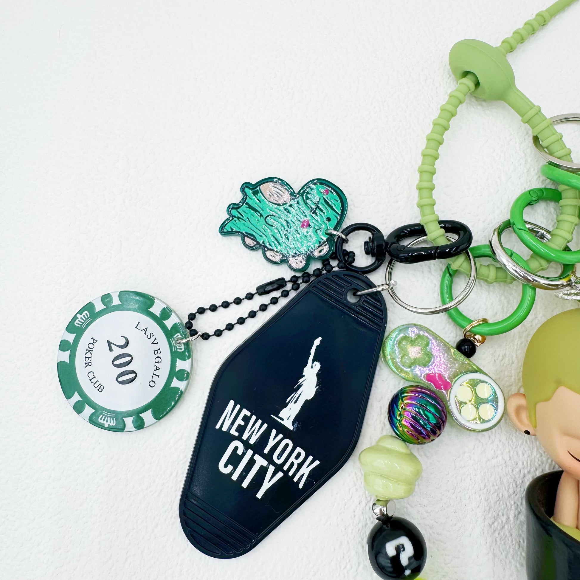Handmade authentic Kubo beaded bag charm and keychain rhinestone accents