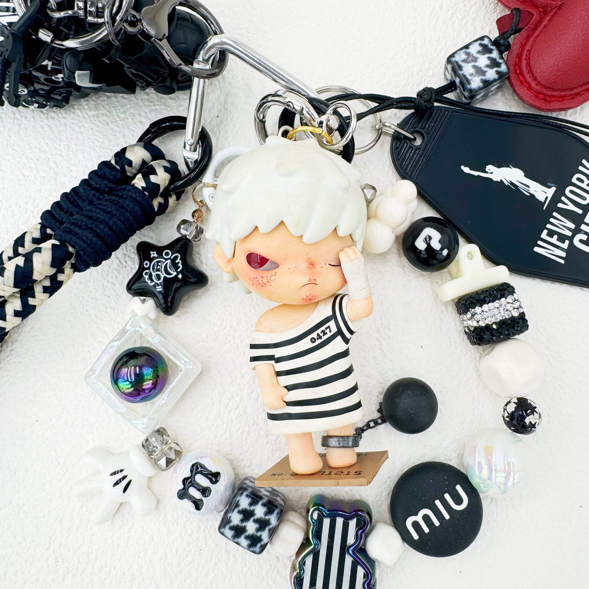 Handmade authentic Hirono beaded bag charm and keychain rhinestone accents