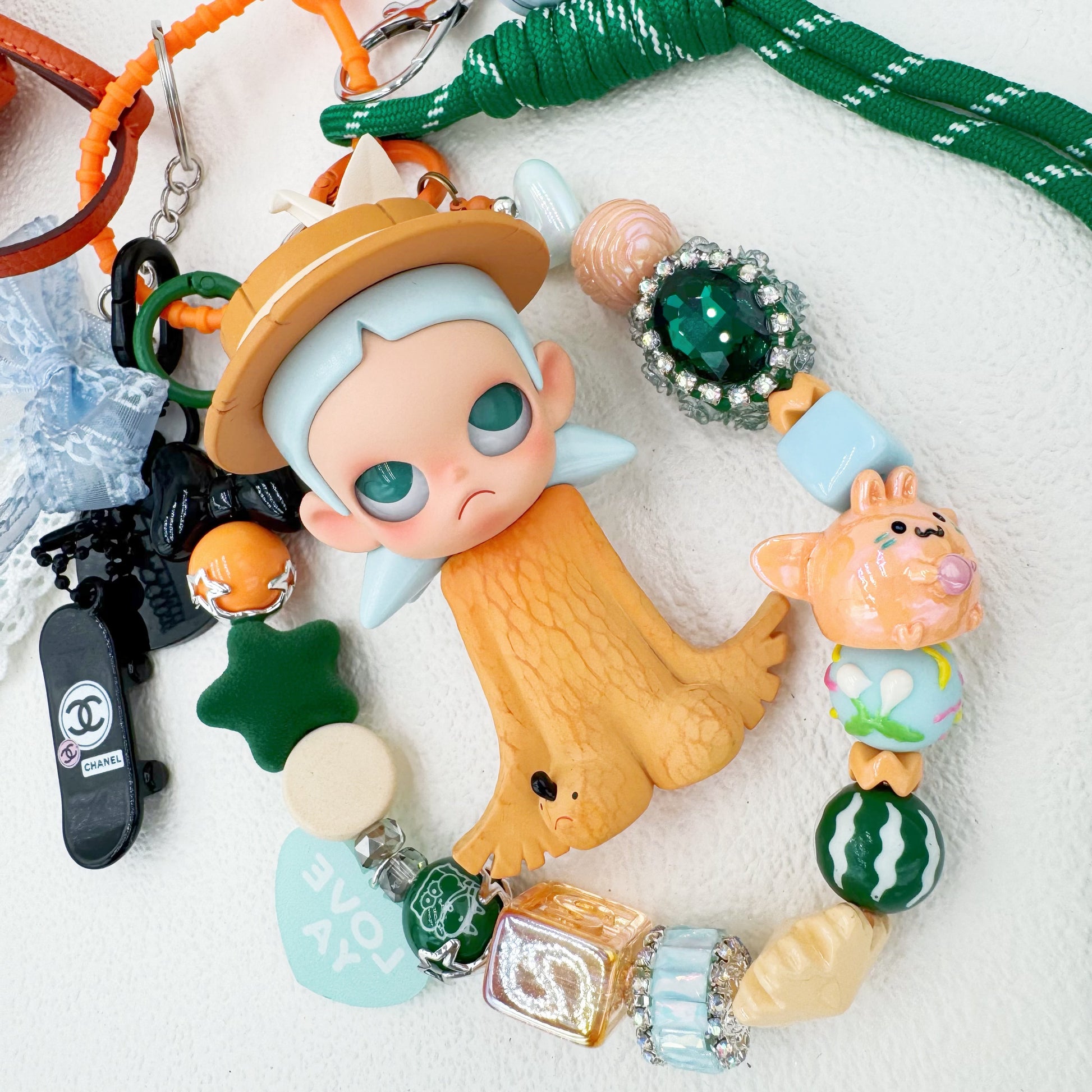 Handmade authentic Zisga beaded bag charm and keychain rhinestone accents