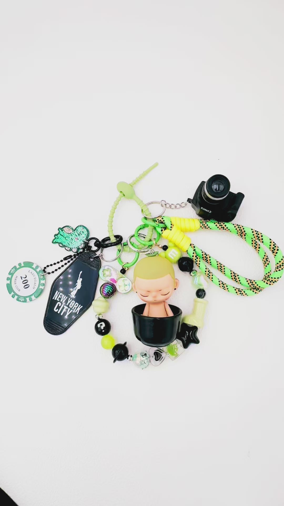 Handmade authentic Kubo beaded bag charm and keychain rhinestone accents