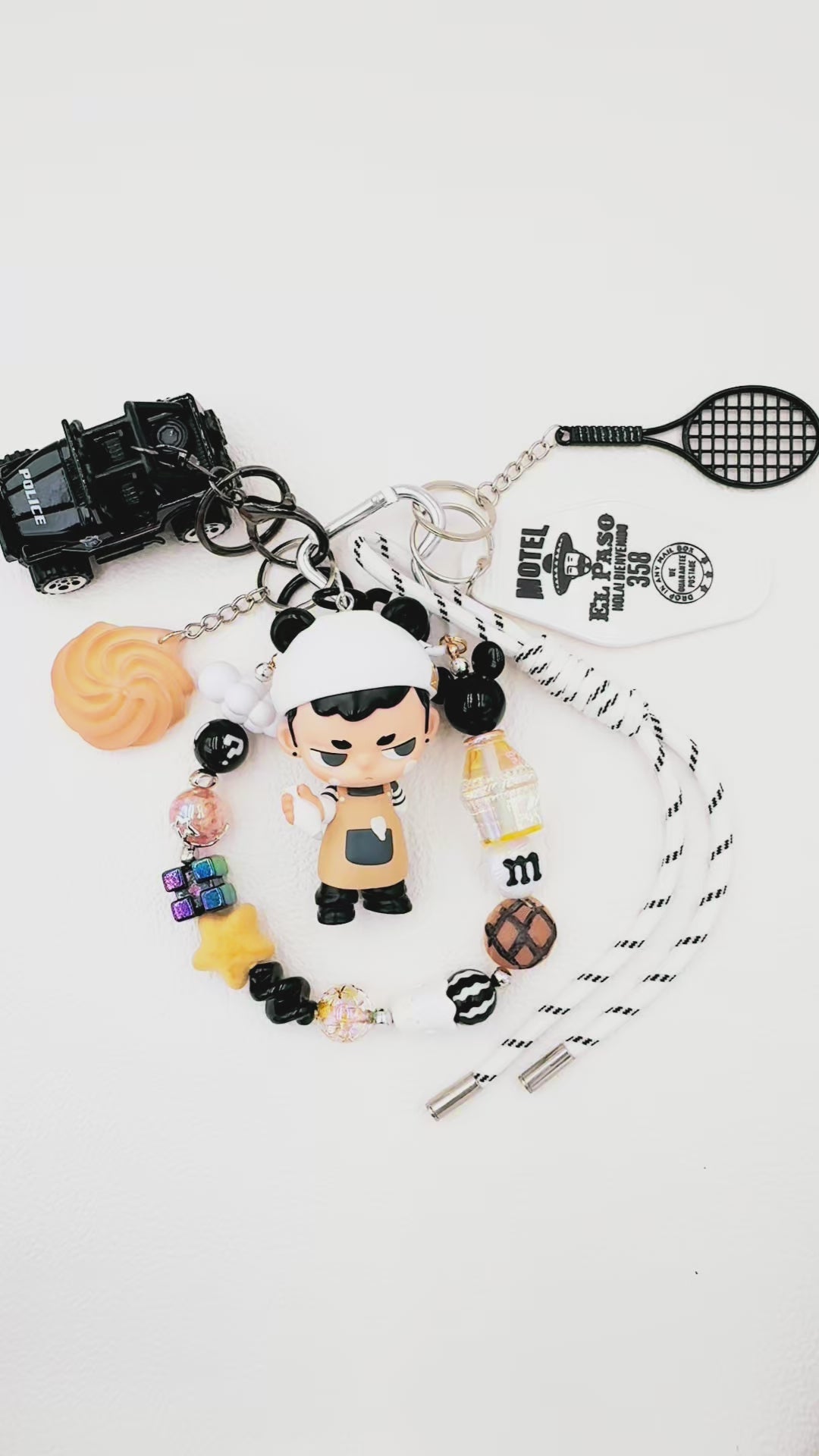 Handmade authentic Kubo beaded bag charm and keychain rhinestone accents