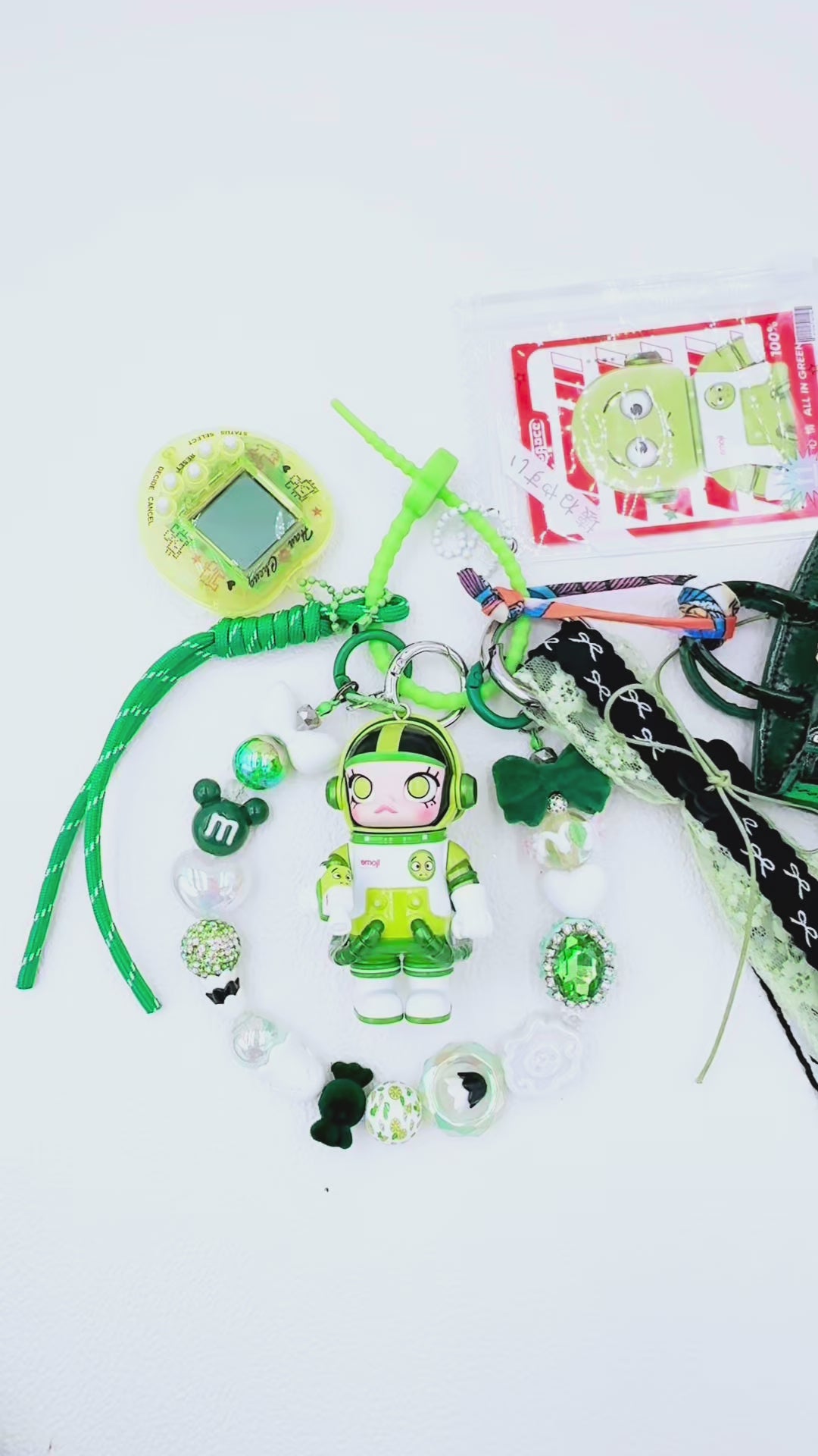 Handmade POP MART Molly Space beaded bag charm and keychain rhinestone accents