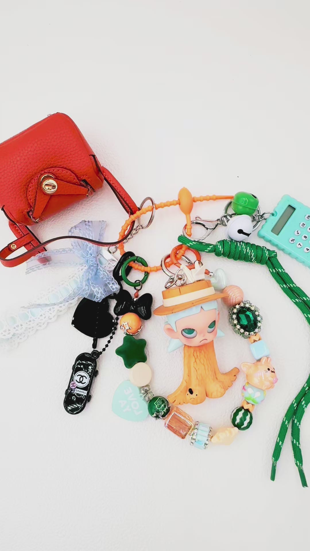 Handmade authentic Zisga beaded bag charm and keychain rhinestone accents
