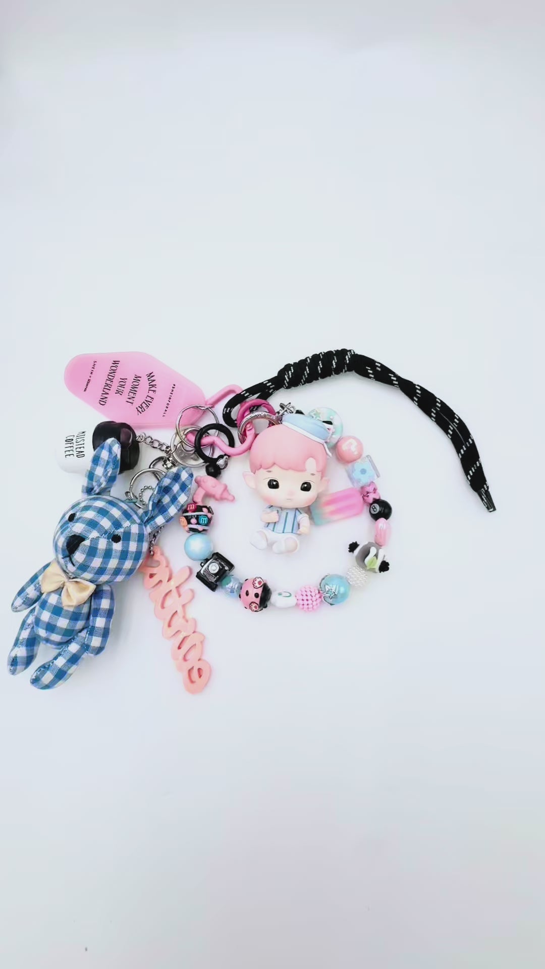 Handmade POP MART Hachipupu beaded bag charm and keychain rhinestone accents